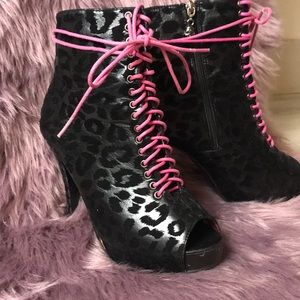 Love bites black cheetah print peep toe booties